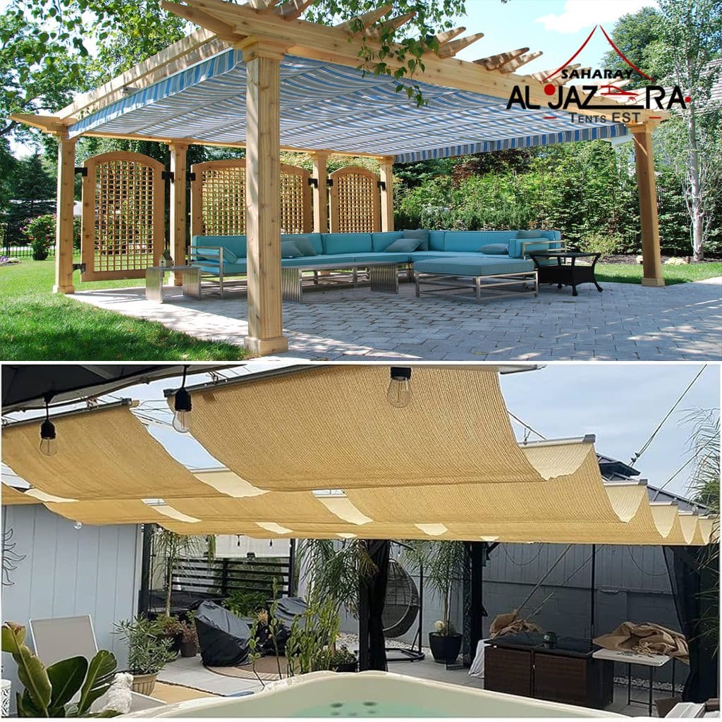 Fabric pergola shade with UV-resistant canopy providing outdoor sun protection