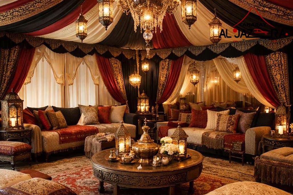 Luxury Arabic tent designed for home gatherings and special functions, featuring elegant fabrics, traditional patterns, and a premium royal look that adds comfort and style.