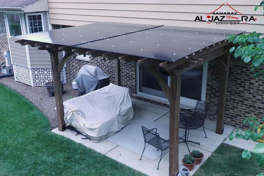 Polycarbonate pergola shade with modern steel structure providing UV protection and weather resistance