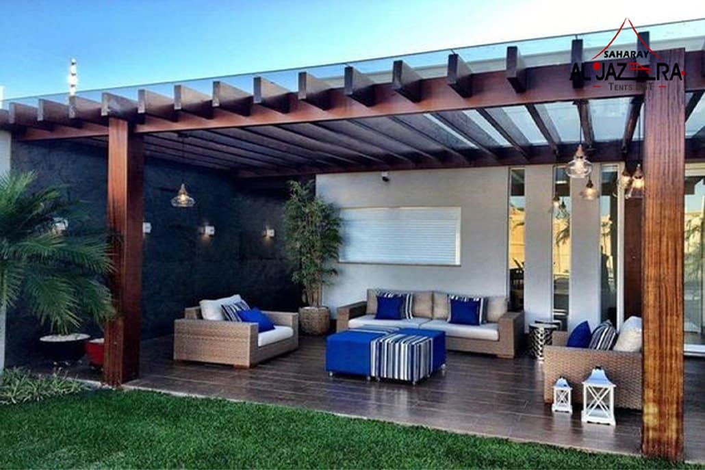 Polycarbonate pergola shade with modern steel structure providing UV protection and weather resistance