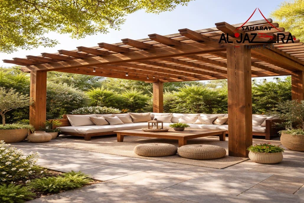 Wooden pergola shade with solid timber beams over an outdoor seating area, surrounded by greenery and natural light.