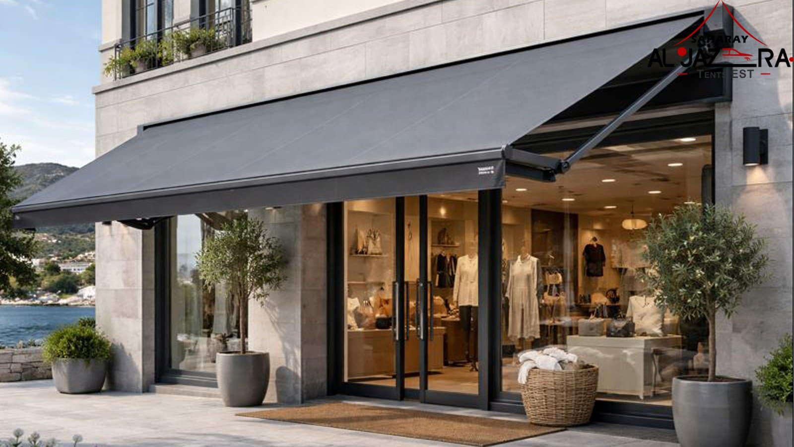 Elegant wind-resistant retractable store shade installed on a modern commercial storefront