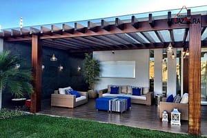 Polycarbonate pergola shade with modern steel structure providing UV protection and weather resistance