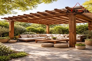 Wooden pergola shade with solid timber beams over an outdoor seating area, surrounded by greenery and natural light.